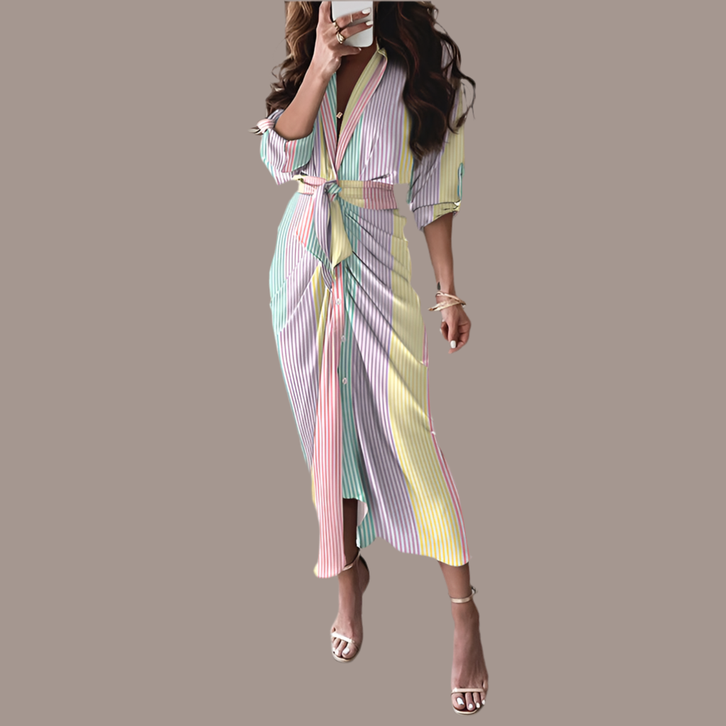 European And American Print Long-Sleeved Lace-Up Single-Breasted Shirt Dress