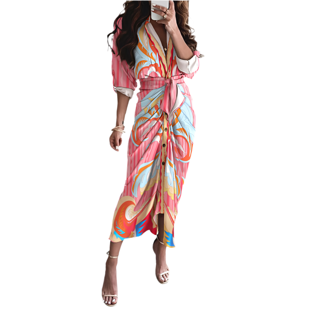 European And American Print Long-Sleeved Lace-Up Single-Breasted Shirt Dress