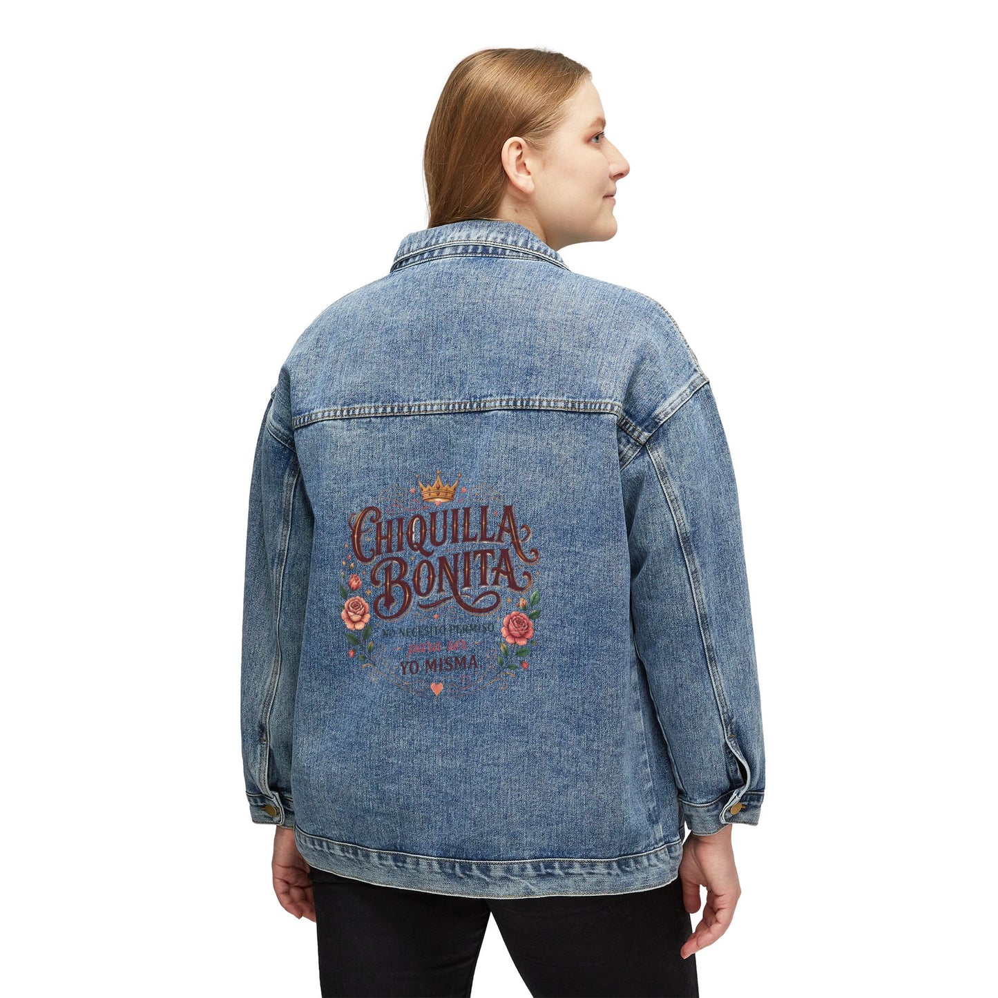 Women's Denim Jacket — 'Chiquilla Bonita' Moon & Floral Back Graphic