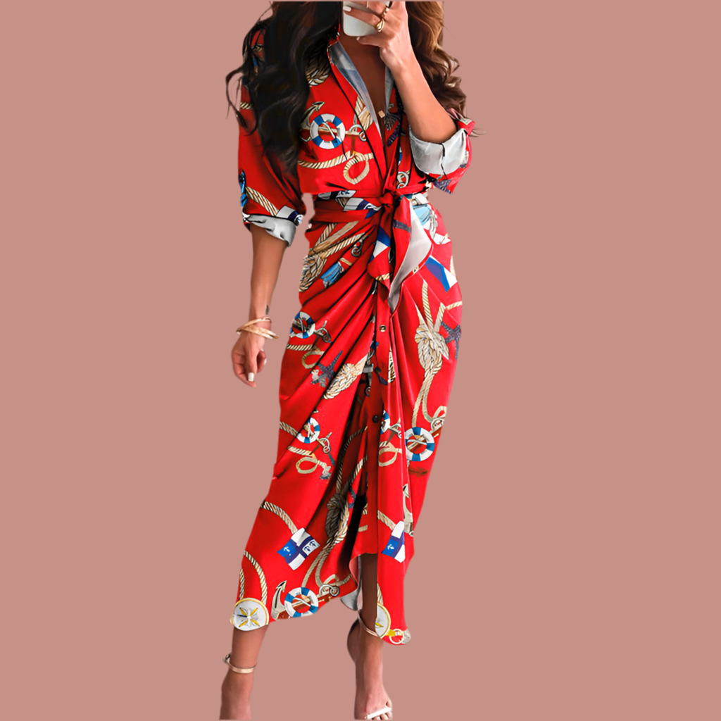 European And American Print Long-Sleeved Lace-Up Single-Breasted Shirt Dress