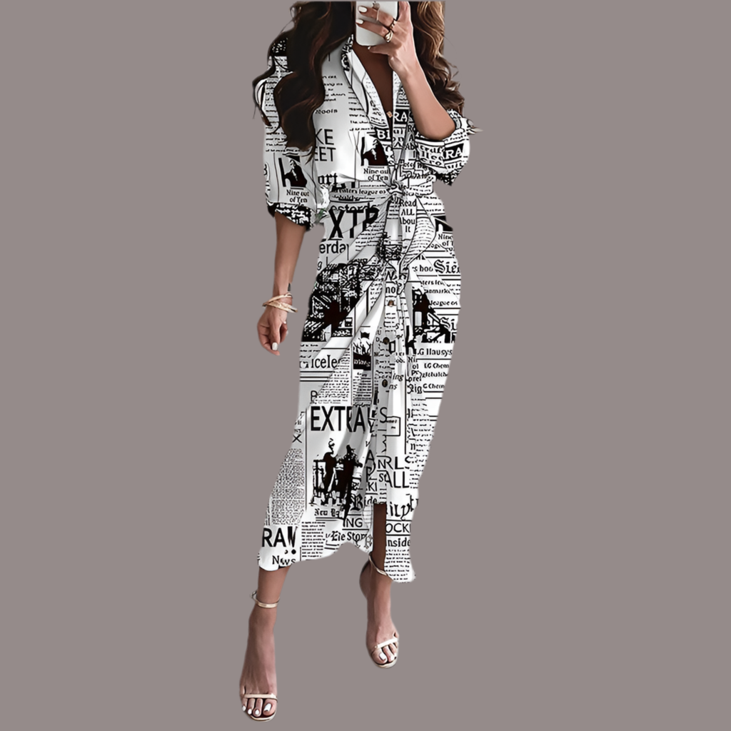 European And American Print Long-Sleeved Lace-Up Single-Breasted Shirt Dress