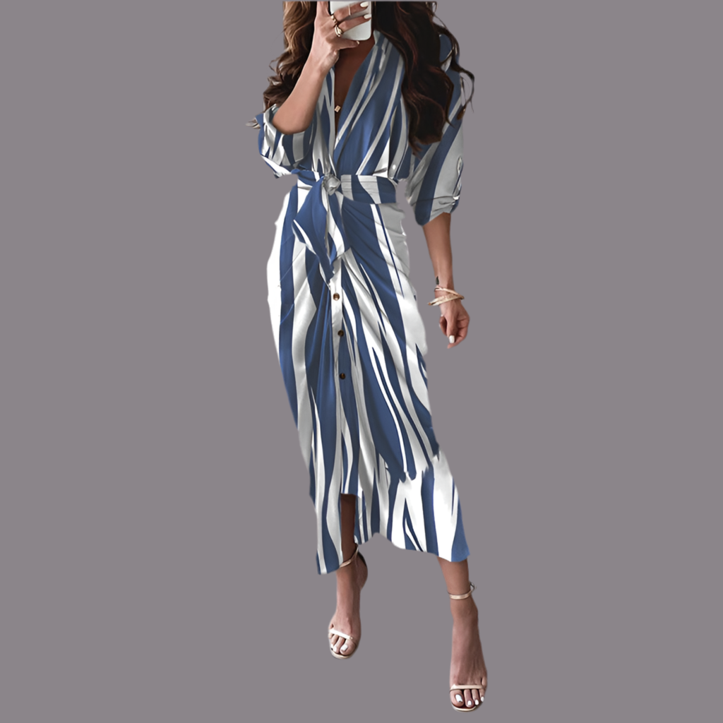 European And American Print Long-Sleeved Lace-Up Single-Breasted Shirt Dress