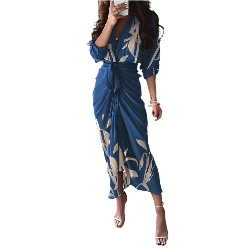 European And American Print Long-Sleeved Lace-Up Single-Breasted Shirt Dress