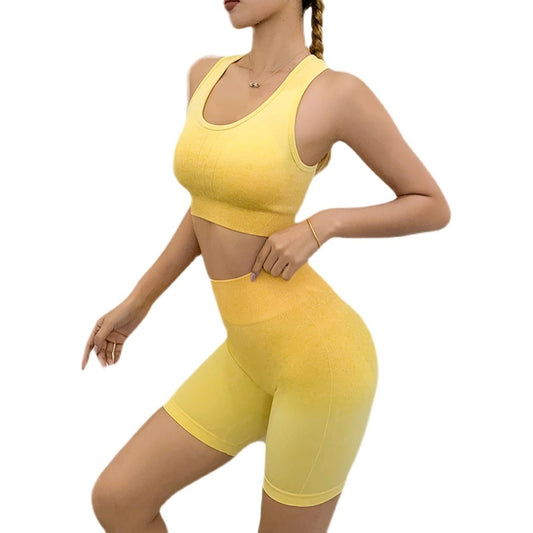 Conjunto de entrenamiento sin costuras en stock, sujetador y leggings de yoga de cintura alta.