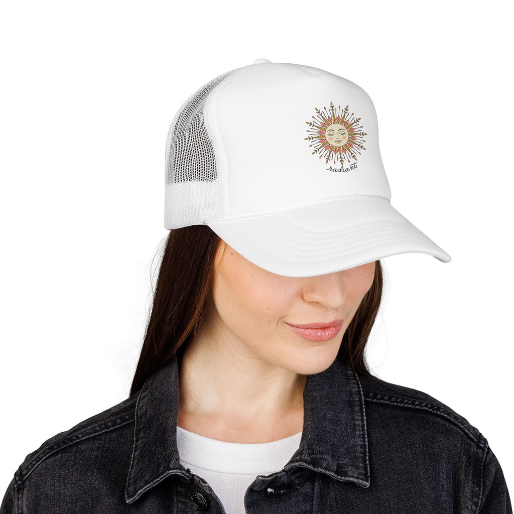 Sunshine Radiant Foam Trucker Hat — Vintage Sun Face Embroidered Cap