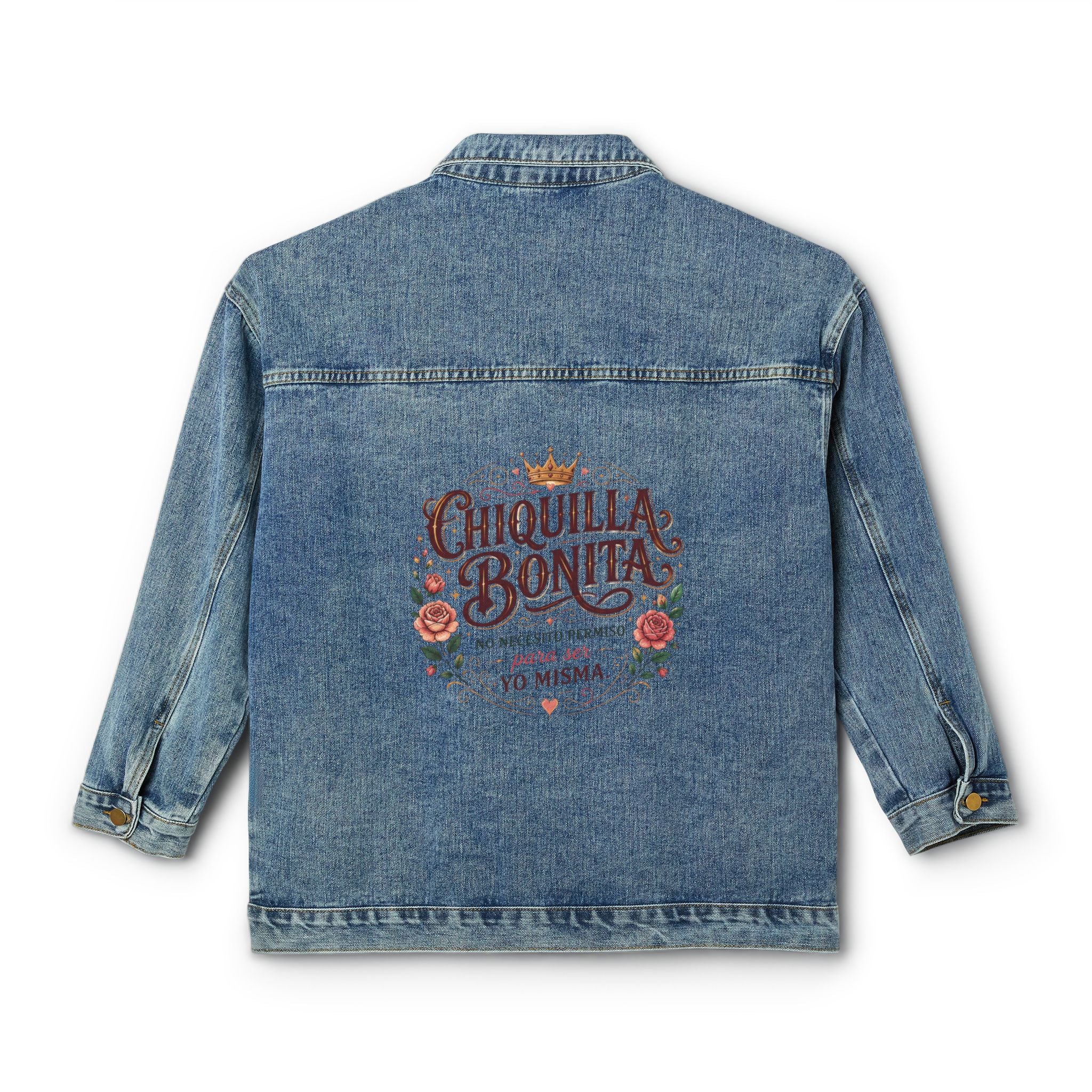 Women's Denim Jacket — 'Chiquilla Bonita' Moon & Floral Back Graphic