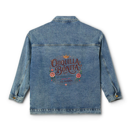 Women's Denim Jacket — 'Chiquilla Bonita' Moon & Floral Back Graphic