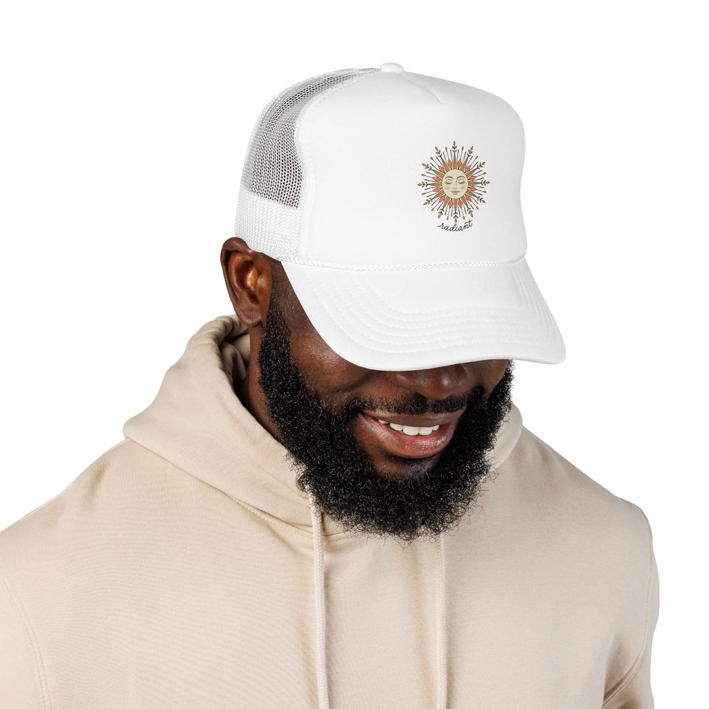 Sunshine Radiant Foam Trucker Hat — Vintage Sun Face Embroidered Cap