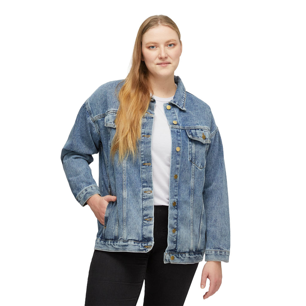 Women's Denim Jacket — 'Chiquilla Bonita' Moon & Floral Back Graphic