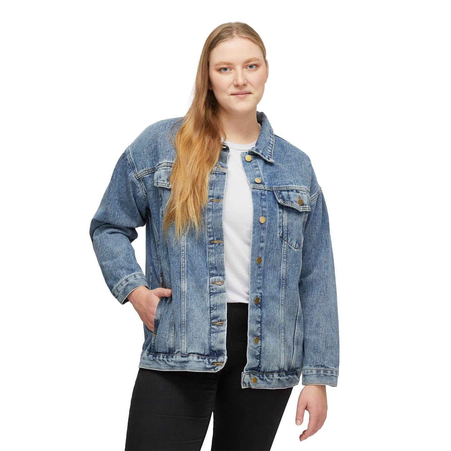Women's Denim Jacket — 'Chiquilla Bonita' Moon & Floral Back Graphic