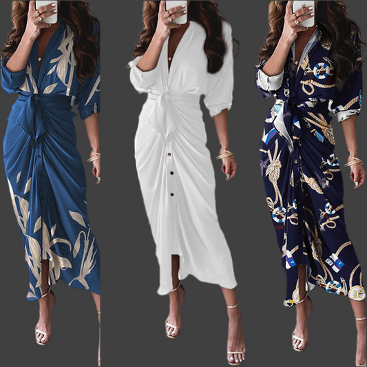 Vestido camisero de una sola botonadura con cordones y manga larga con estampado europeo y americano