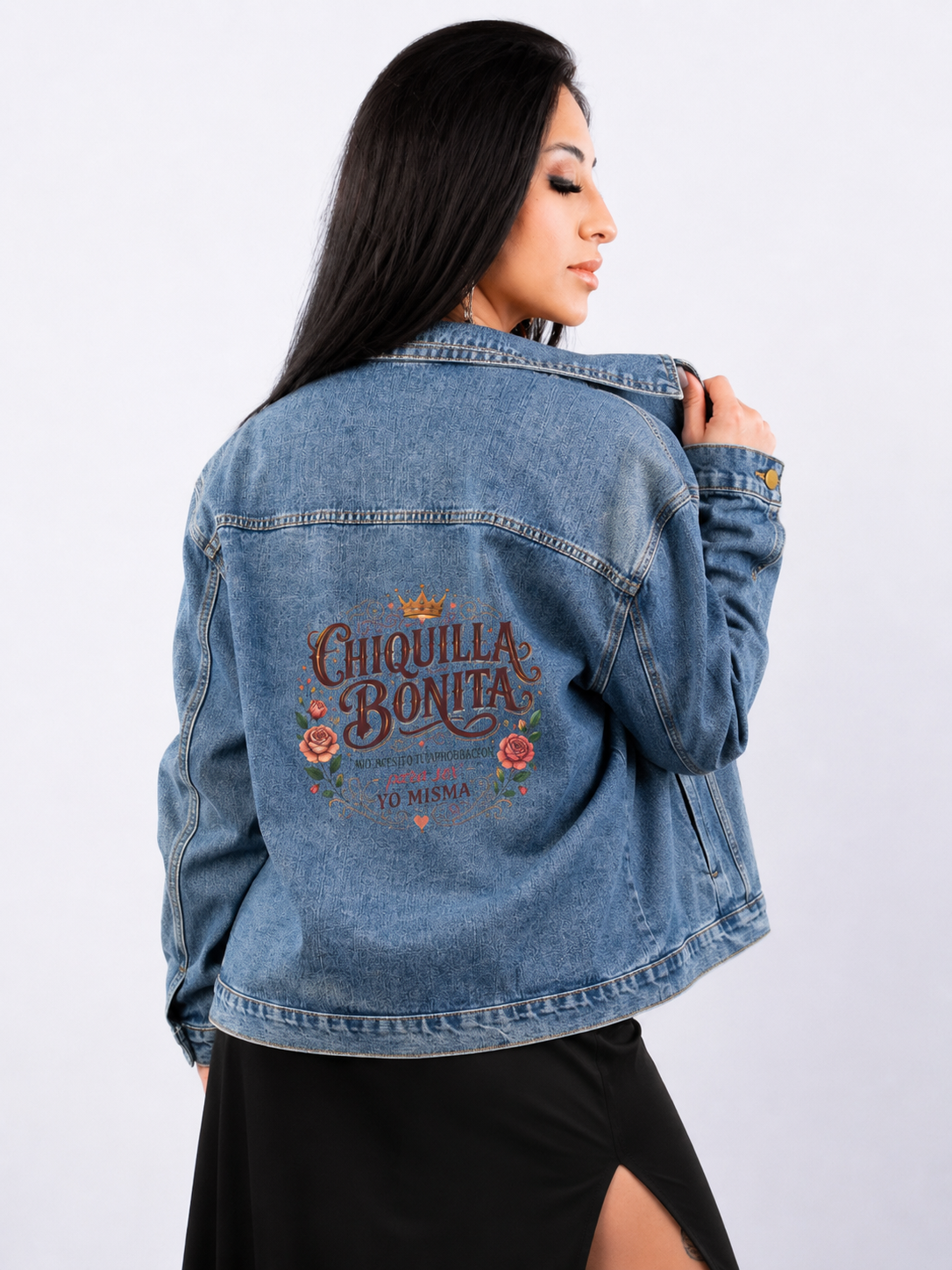 Women's Denim Jacket — 'Chiquilla Bonita' Moon & Floral Back Graphic